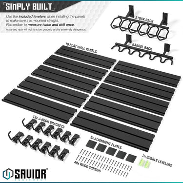 Black 10-slat wall panel kit with stock rack, barrel rack, and mounting hardware