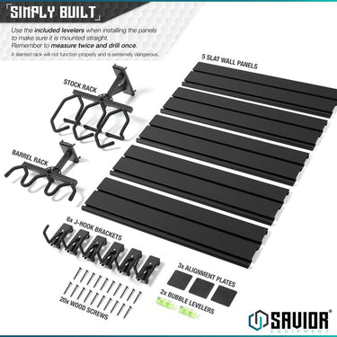 Obsidian black 5-slat wall rack panels with J-hook brackets and mounting hardware