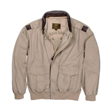 Khaki cotton A-2 flight jacket with zip front, ribbed collar, and two chest pockets