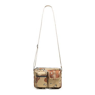 Beige camouflage shoulder grab bag with front zip pockets and tan web strap
