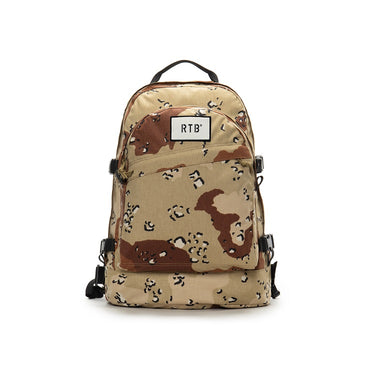 Desert camo mini 3 day backpack with top handle, front pocket, and side straps