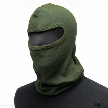 Olive drab fire-resistant face mask with padded eye opening and hooded design