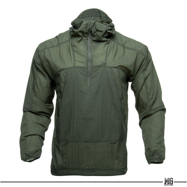 Olive green hooded windshirt with full front zipper and ribbed cuffs