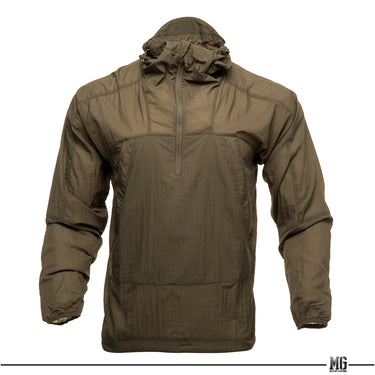 Windrunner windshirt in olive green, pullover hood with full-length front zipper