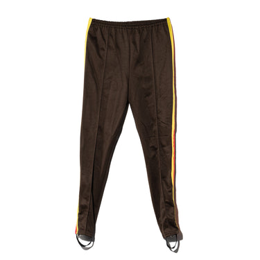 Brown track pants with yellow side stripes, elastic cuffs and drawstring waistband