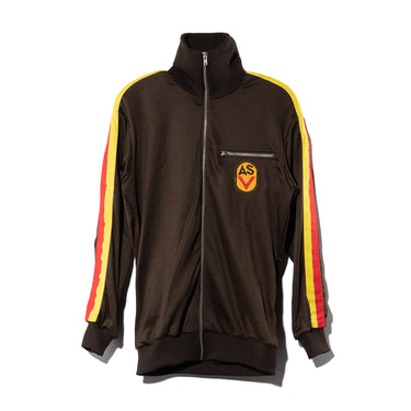 Brown zip-up track jacket with stand collar and red/yellow stripe sleeves