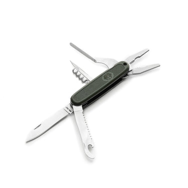 Olive drab folding pocket multi-tool with multiple open blades and scissors