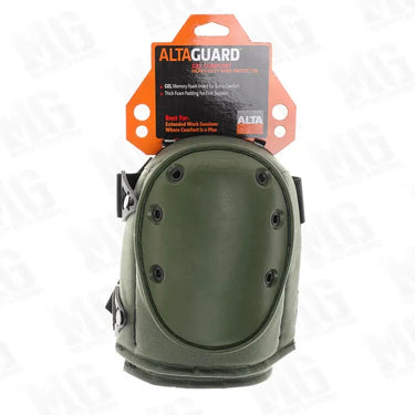 Olive green soft gel knee protector with oval shell and side straps