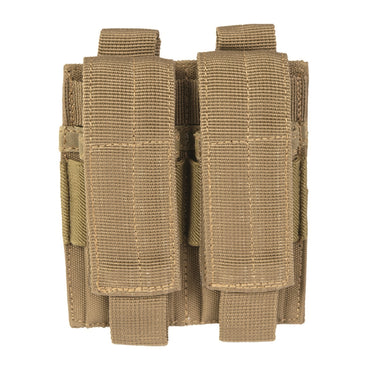 Double pistol magazine pouch in tan fabric with two front cells and loop straps