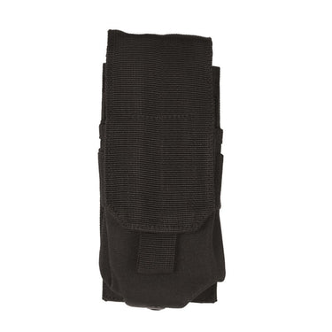 Black single magazine pouch with front pocket and hook-and-loop closure flap.