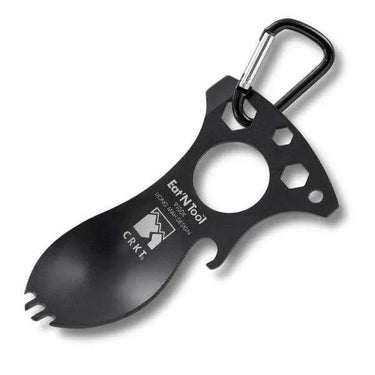 Carabiner keychain multi-tool with black folding blade and tool cutouts