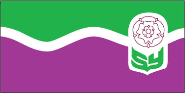 Polyester regimental flag with green and purple halves, white flower and scroll emblem