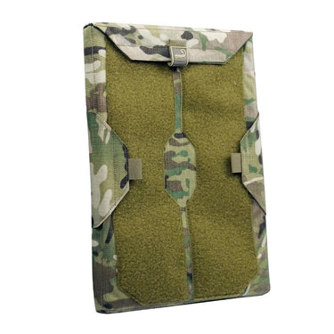 Padded laptop sleeve in camouflage with hook-and-loop front panels and central zip track.