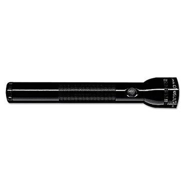 Maglite 2-cell xenon flashlight, black cylindrical body with switch and knurled grip