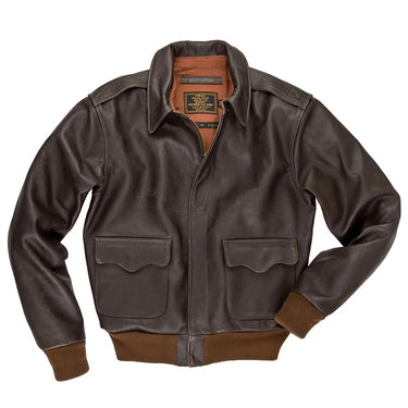 Brown A-2 leather flight jacket with stand collar, front zip, and two chest pockets