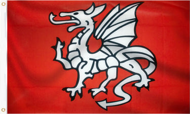Polyester flag with red background and large white winged dragon emblem
