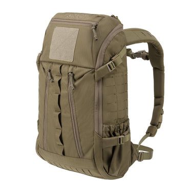 Tan tactical backpack side view with padded shoulder strap and zip pocket