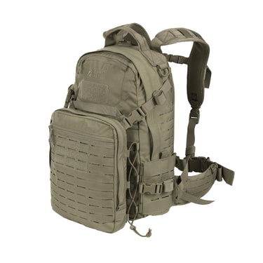 28L tactical backpack in tan, MOLLE-style front panel, padded shoulder straps.