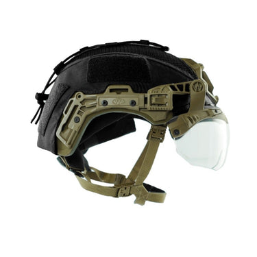 Black helmet cover with tan front assembly and mounting straps