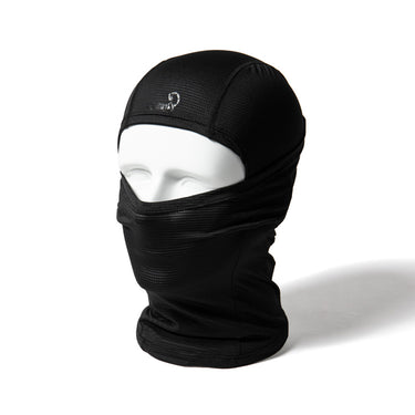 Black balaclava covering neck and cheeks with logo patch on the cap.