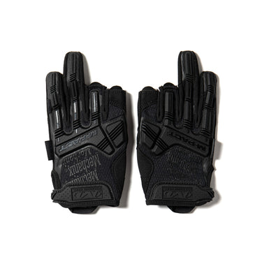 Black impact mechanic gloves with molded knuckle pads and protective finger slots