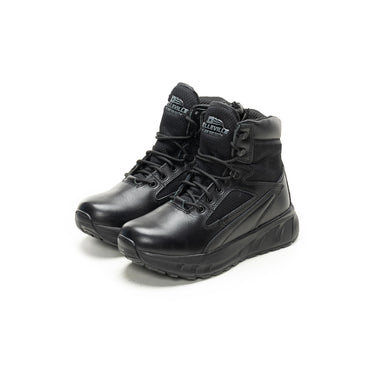 Black tactical boots, 6-inch lace-up with padded collar and rugged tread sole