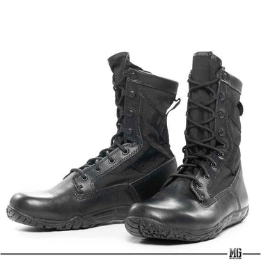 Black training boots with lace-up front and padded collar, side and toe visible