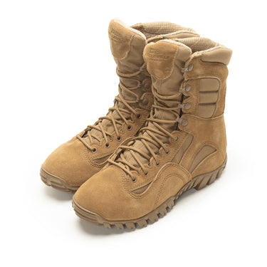 Coyote suede waterproof insulated boots with padded collar and lace-up front.