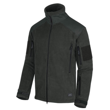 Dark green fleece jacket with stand collar, full-zip front and zip pockets