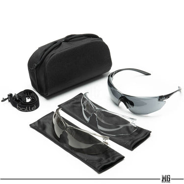 Ballistic protective glasses kit with black frame, tinted lenses, and zip case
