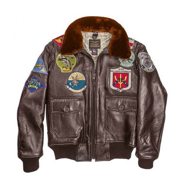 Men's dark leather flight jacket with shearling collar and colorful front badges