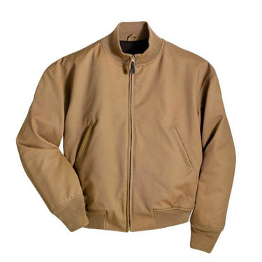 Khaki wool-lined bomber style jacket with front zipper and ribbed cuffs and hem