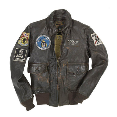 Brown leather flight jacket with front zipper, snap pockets, and multiple embroidered flight patches