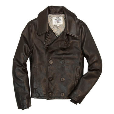 Dark brown leather peacoat with stand collar and double-breasted button front