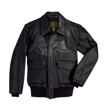 Men's A-2 pilot leather jacket, black, stand collar, front zipper, 2 flap pockets, cuffs