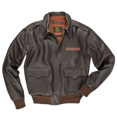 Brown leather A-2 style jacket with zip front, snap collar, and two flap chest pockets