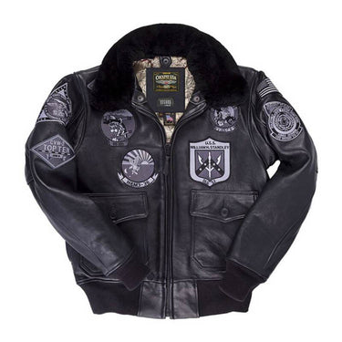 Black leather flight jacket with shearling-style collar and front zip pockets, patches