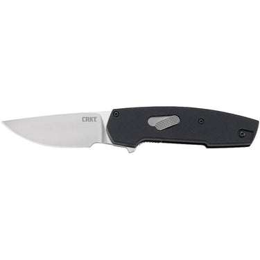 CRKT folding knife with black textured handle and partially open silver blade