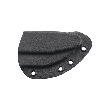 Knife sheath, dark textured material with three rivet holes and eyelet snap area