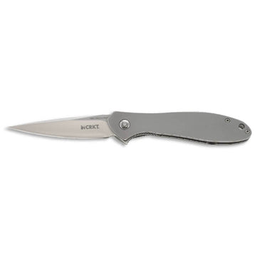 Folding knife with gray flat handle and partially open silver blade