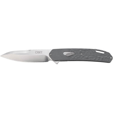 Folding pocket knife with open blade, gray textured handle and CRKT etching