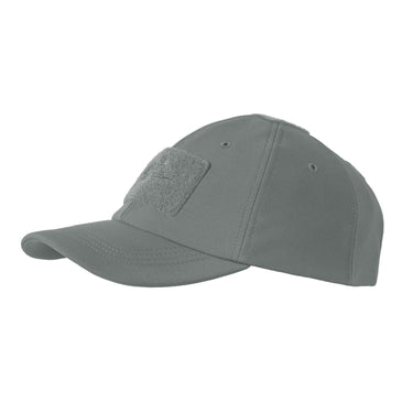 Gray winter cap with short brim and rectangular side patch
