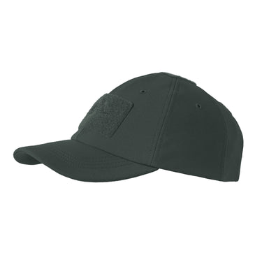 Olive green winter cap with short brim and rectangular side patch