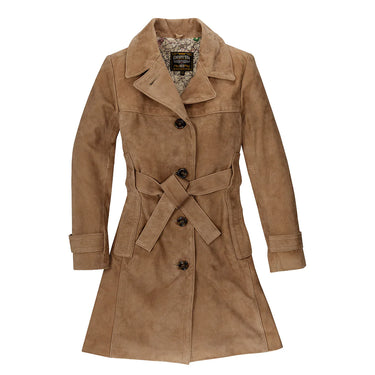 Brown suede trench coat with notched lapels, button front, and belted waist.
