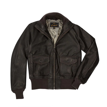 Brown leather zip-front jacket with flap chest pockets, stand collar, ribbed cuffs