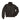 Dark leather zip-front jacket with stand collar, two flap front pockets, ribbed hem