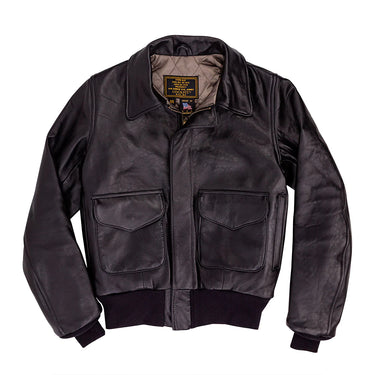 Women's leather flight jacket front view with two flap chest pockets and zip closure.