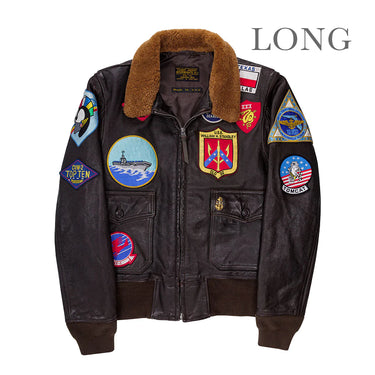 Brown shearling-collar leather jacket with front zip and colorful mission patches