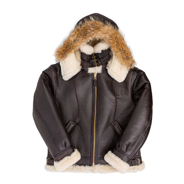 Brown hooded sheepskin bomber jacket with full-zip front and fur-trimmed hood