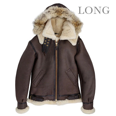 Brown hooded bomber jacket with sherpa lining, faux-fur hood trim, and front zipper.